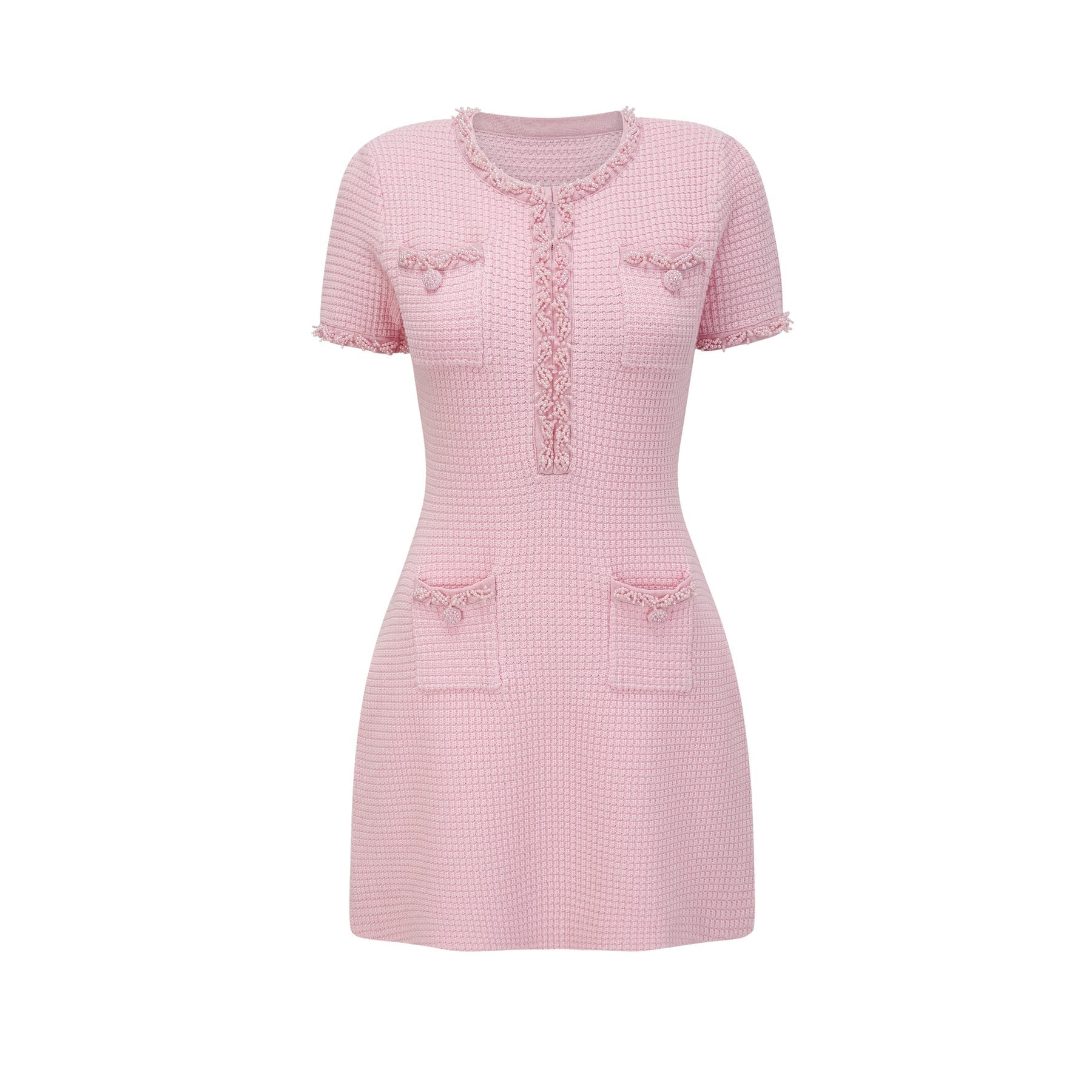 A pink mini dress with a knit fabric adorned with beaded embellishments featuring a feminine and elegant design