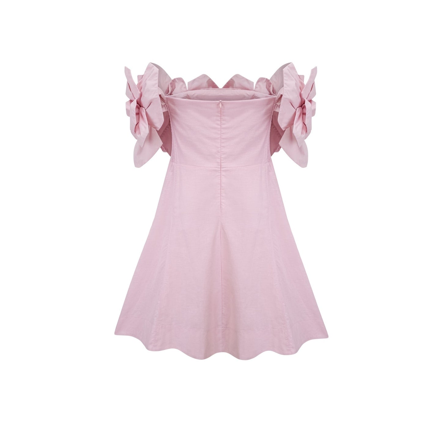 A pink mini dress with an offshoulder neckline featuring three dimensional floral petal details named Juliette