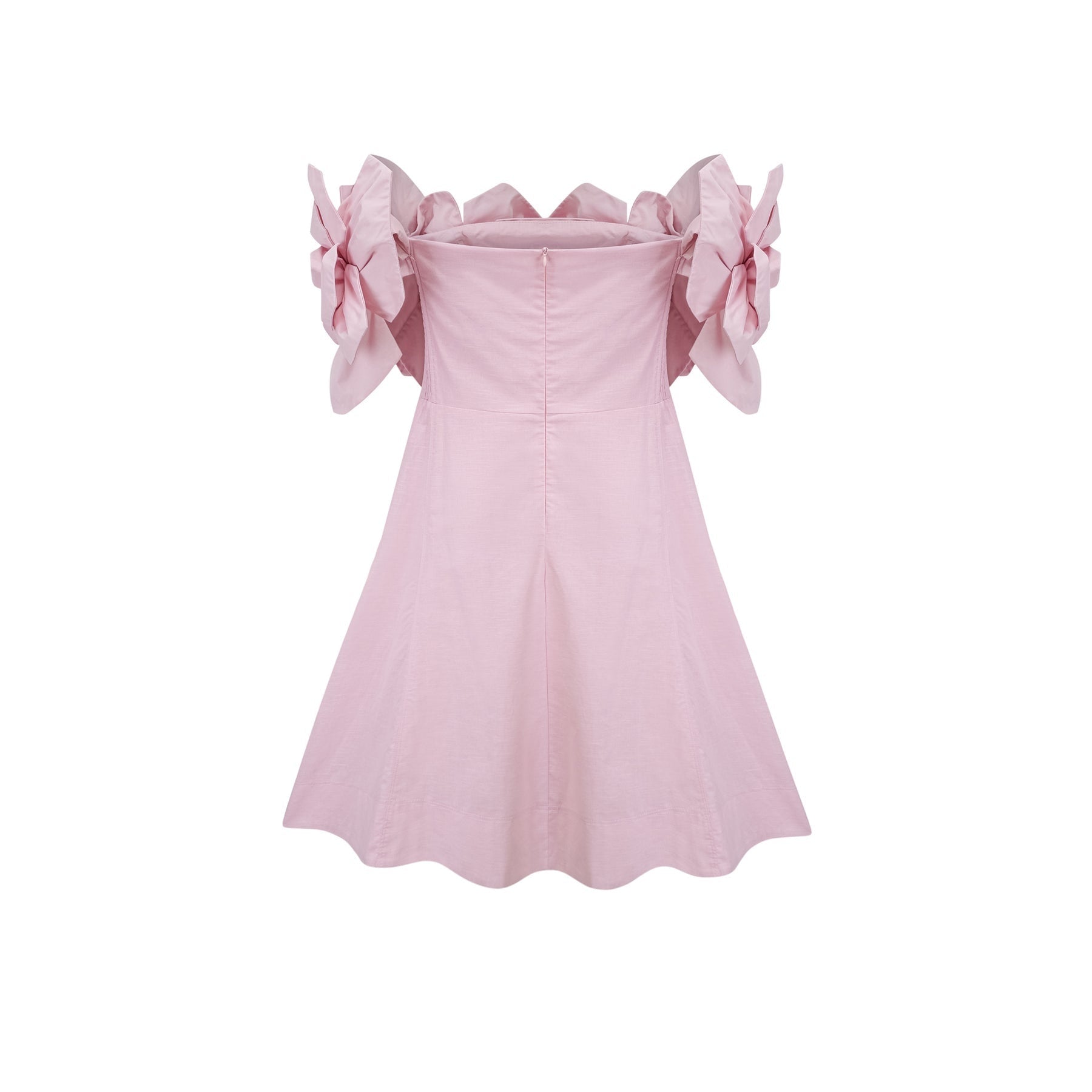 A pink mini dress with an offshoulder neckline featuring three dimensional floral petal details named Juliette