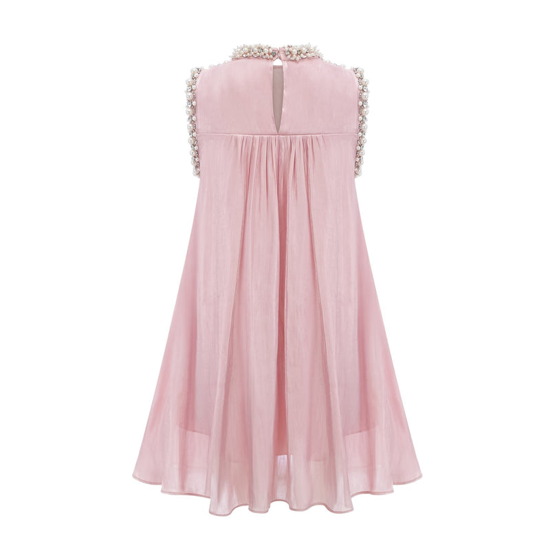 A pink mini dress with embellishments and pleated design named Helena