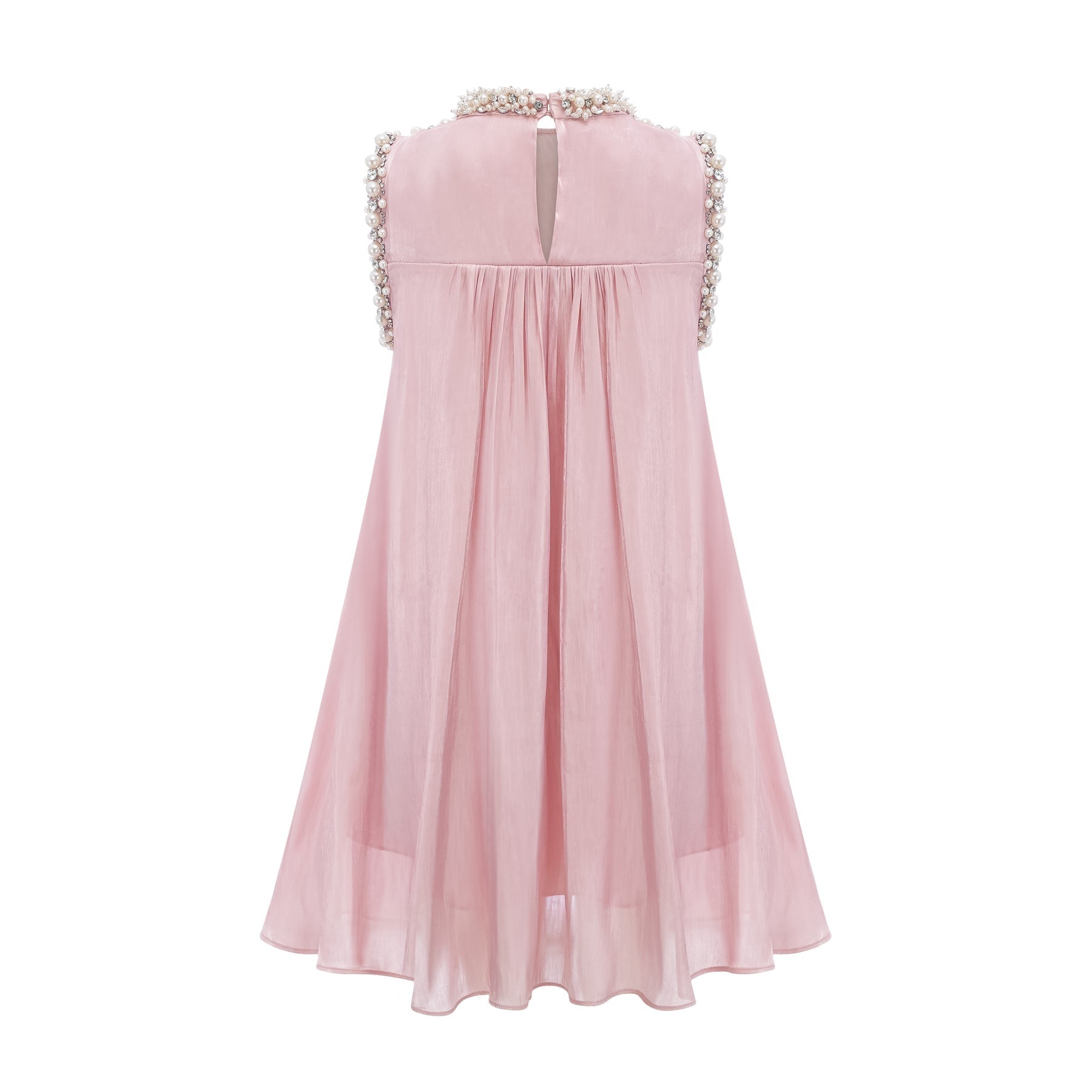 A pink mini dress with embellishments and pleated design named Helena