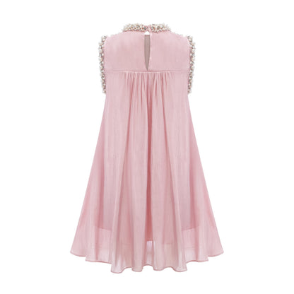 A pink mini dress with embellishments and pleated design named Helena