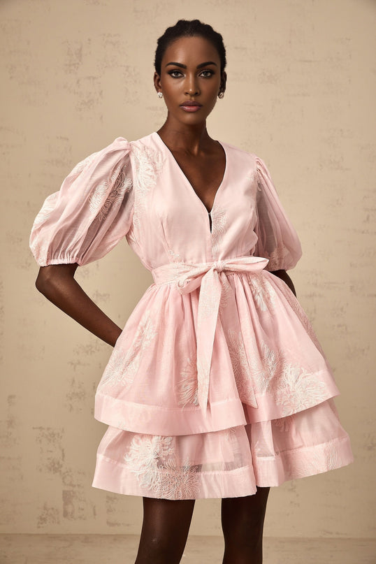 A pink mini dress with floral embroidery and layered skirt named Florence