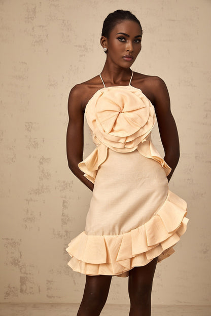 A pink mini dress with ruffled 3d petal details and a short hemline named Ginevra