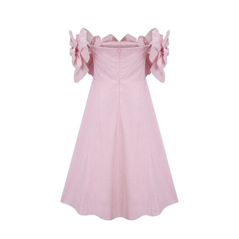 A pink offshoulder midi dress featuring 3D petal details named Juliette