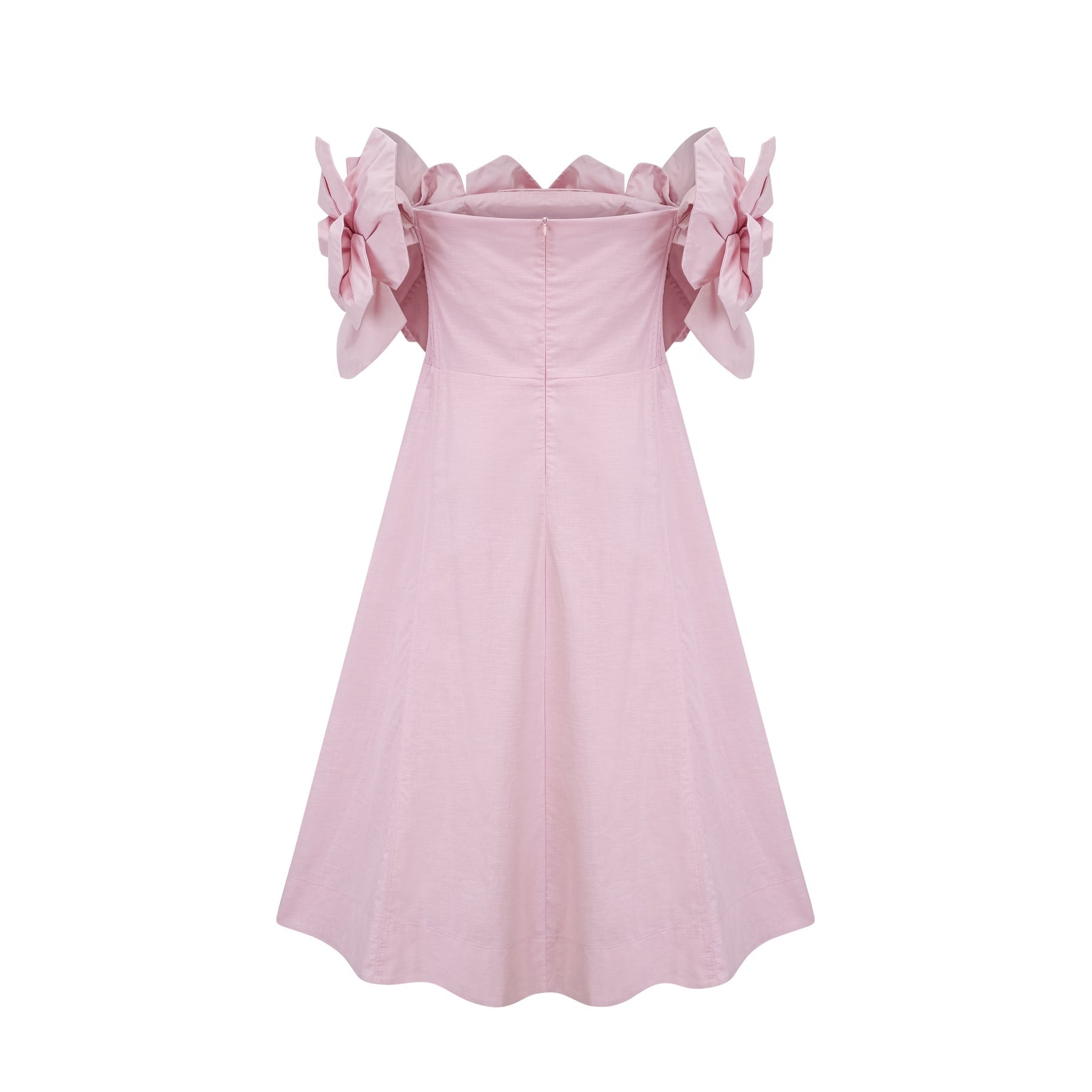 A pink offshoulder midi dress featuring 3D petal details named Juliette