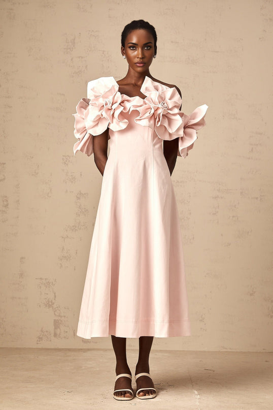 A pink offshoulder midi dress with 3D petal details named Juliette