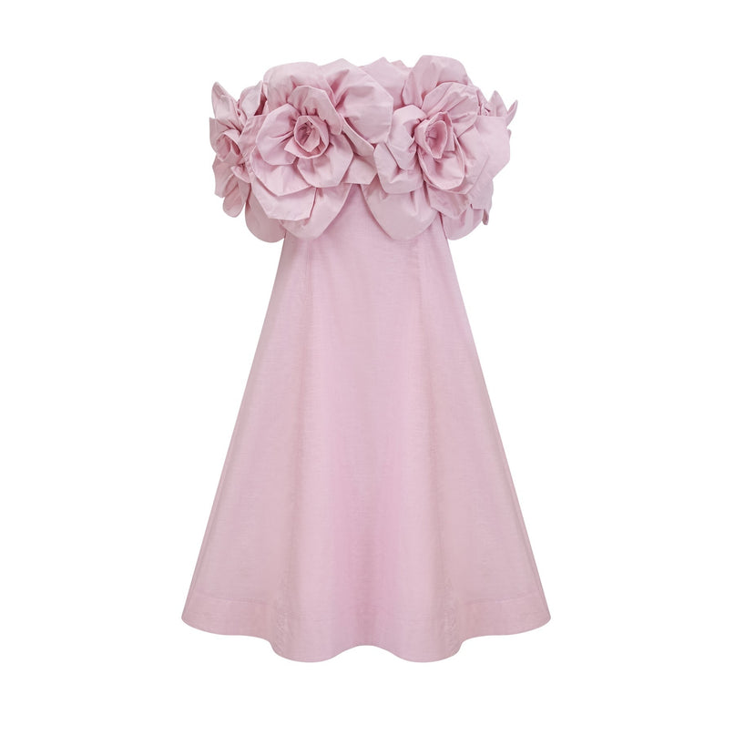 A pink offshoulder midi dress with 3D petal details named Juliette