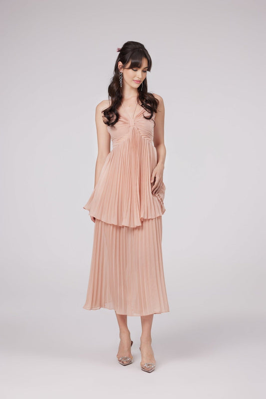 A pink pleated tiered midi dress with a feminine silhouette named Olympe