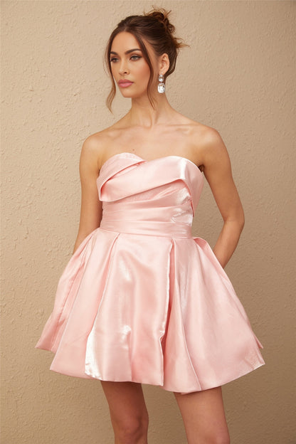 A pink satin mini dress with offshoulder neckline and puff sleeves
