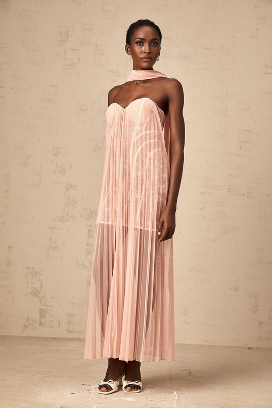 A pink tulle maxi dress with pleats and ribbon design details flowing full length skirt and feminine silhouette