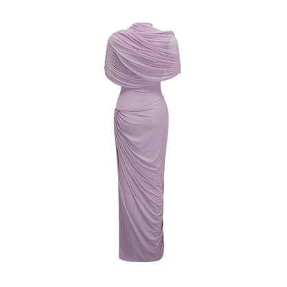 A purple asymmetric maxi dress with pleated details worn by a model standing against a plain background