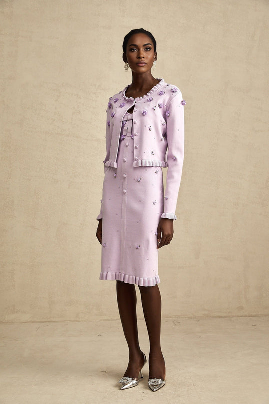 A purple knitted cardigan and dress set with faux flower details matching outfit for women
