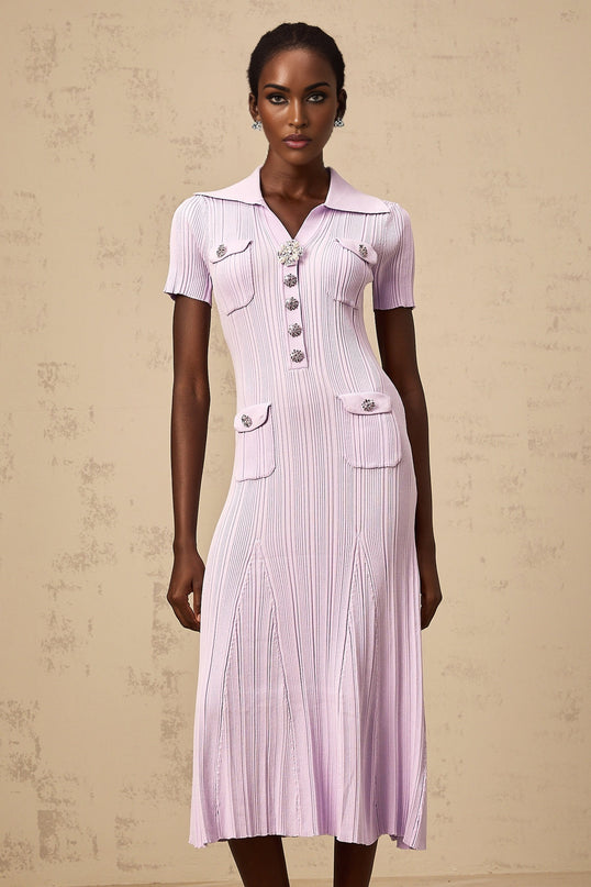 A purple ribbed knit midi dress with a flared hem and fitted silhouette named Celeste