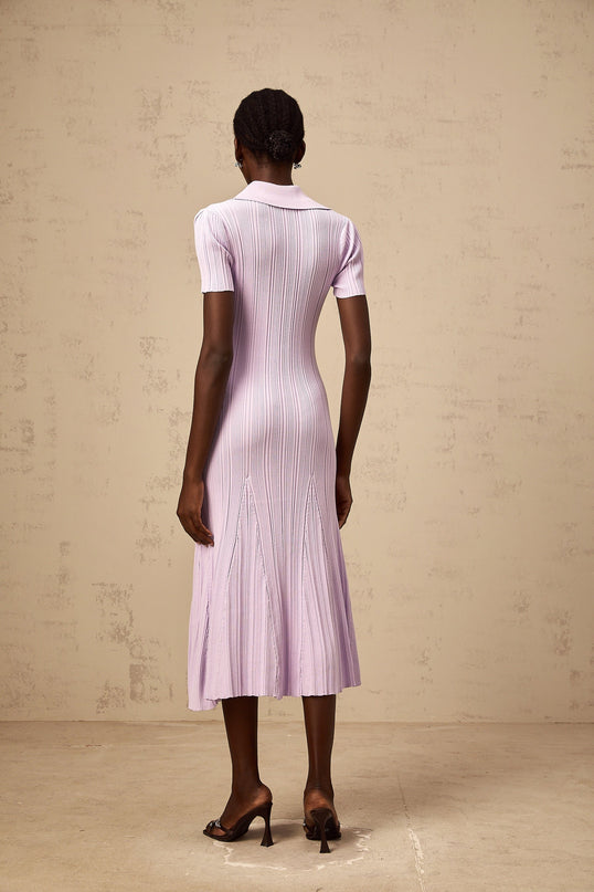 A purple ribbed knit midi dress with a flared hem named Celeste