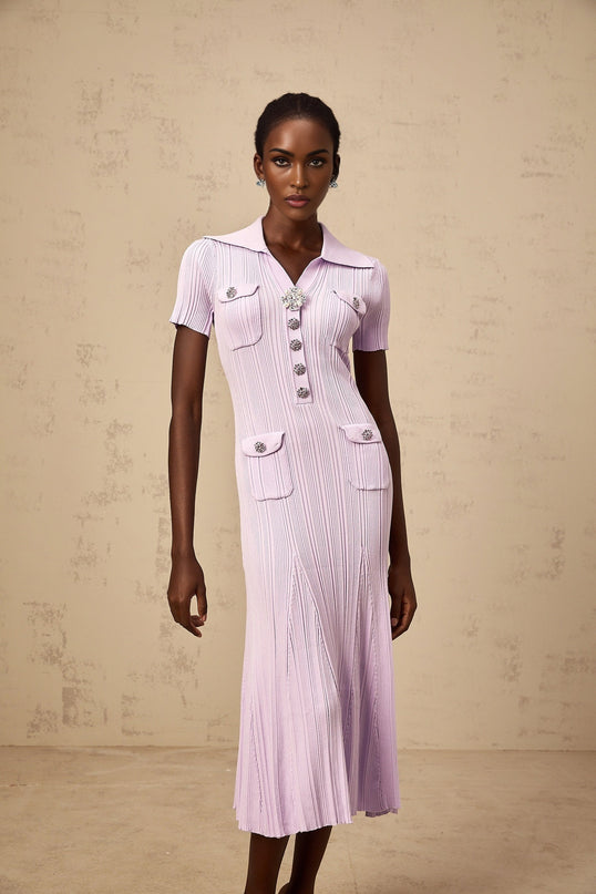 A purple ribbed knit midi dress with a flared hem named Celeste