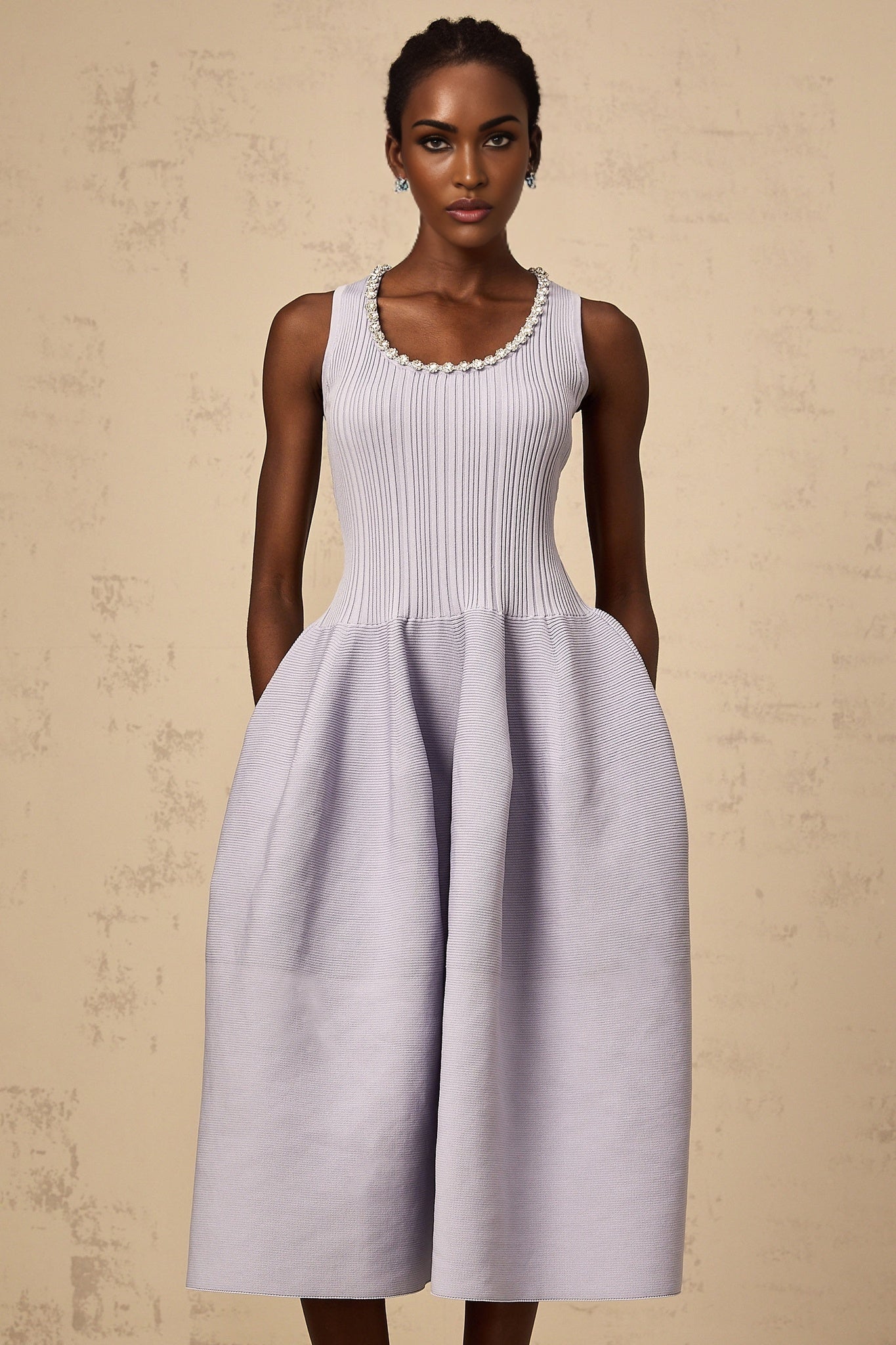 A purple ribbed knit midi dress with embellishments named Aida