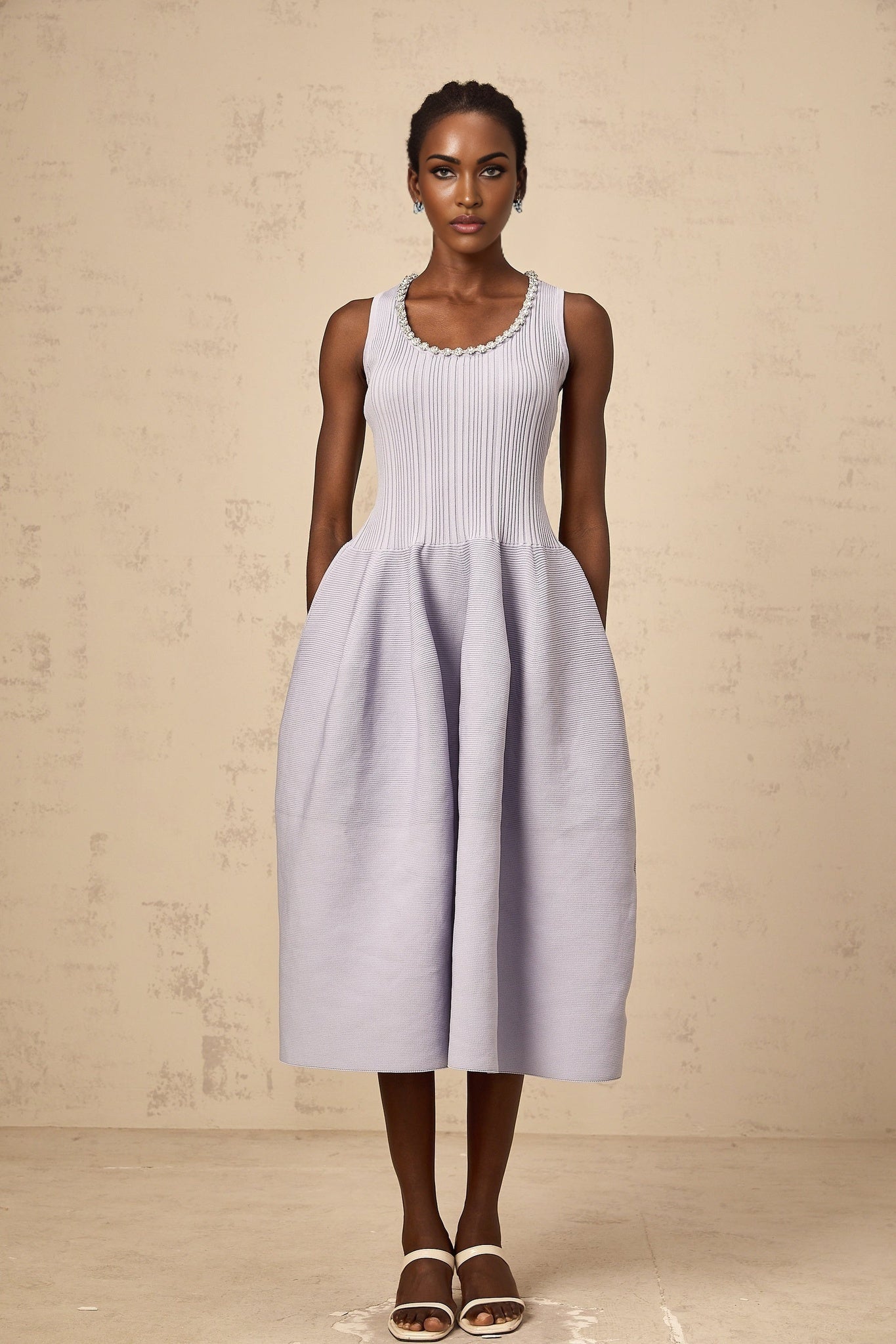 A purple ribbed knit midi dress with embellishments named Aida