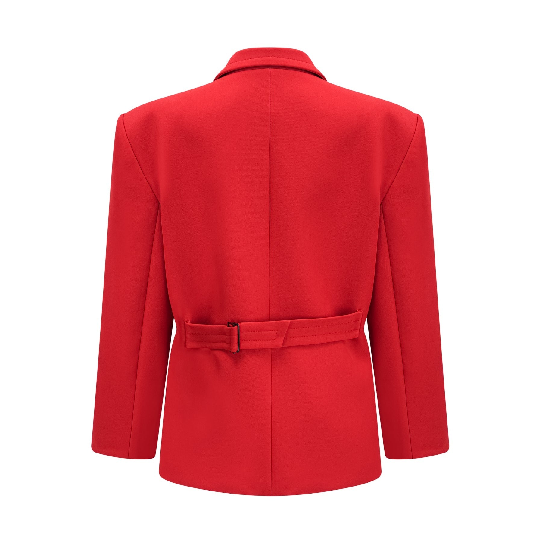 A red blazer with hourglass silhouette and doublebreasted front closure