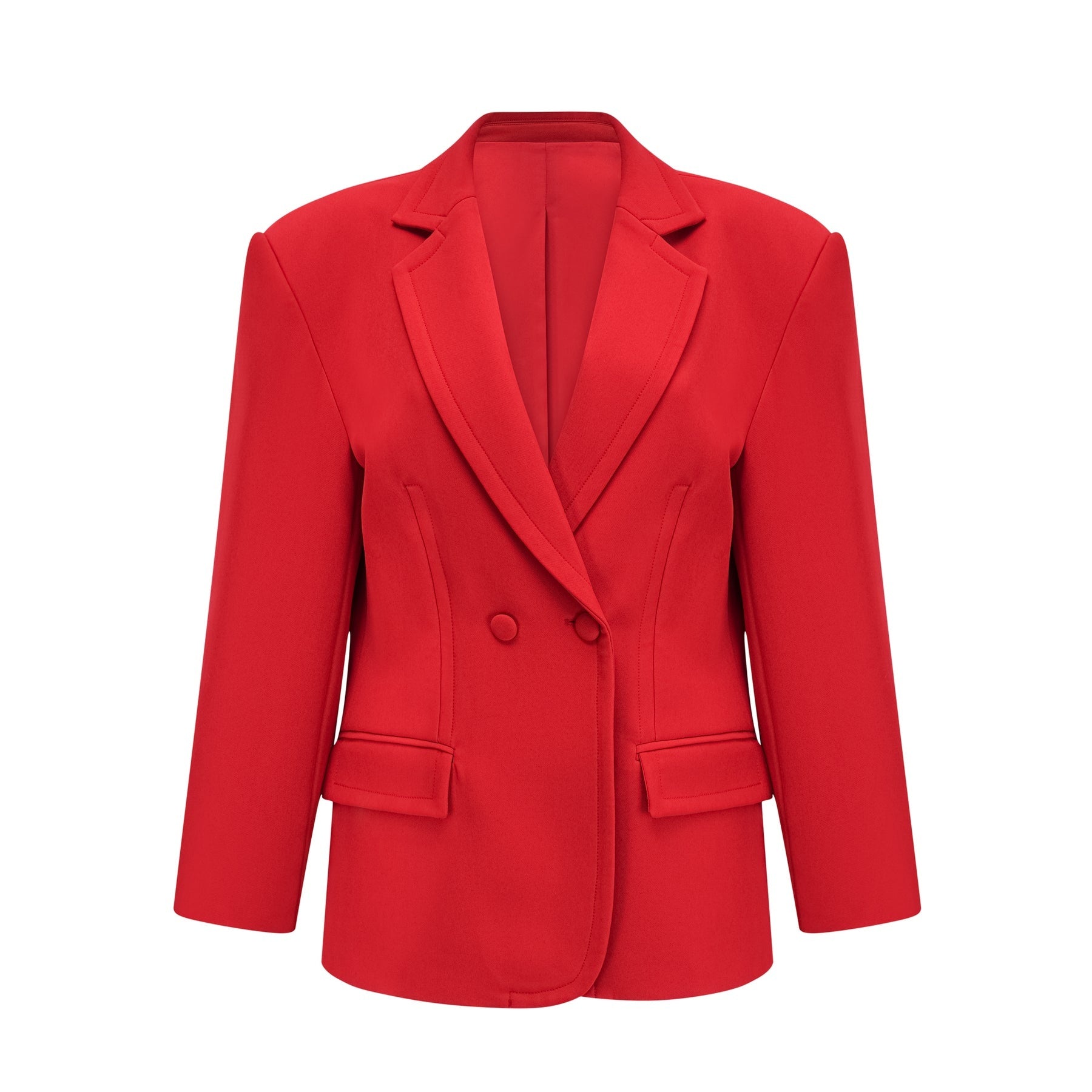 A red blazer with hourglass silhouette and doublebreasted front closure