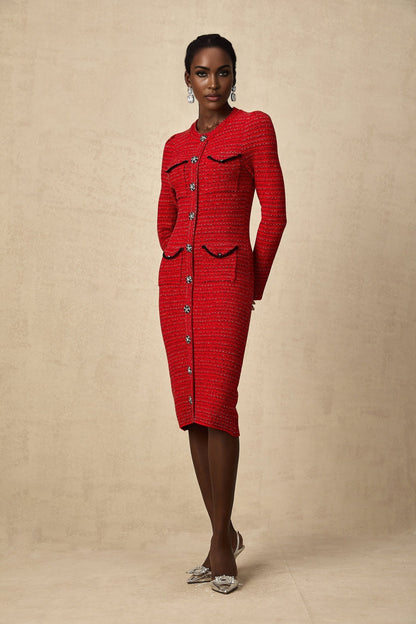 A red knitted midi dress with embellishments named Faustine featuring a fitted silhouette and intricate decorative details