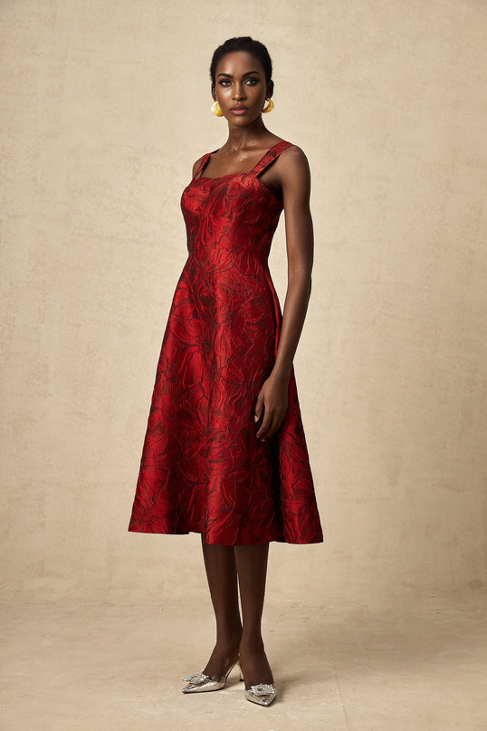 A red midi dress with a floral jacquard pattern named Helene