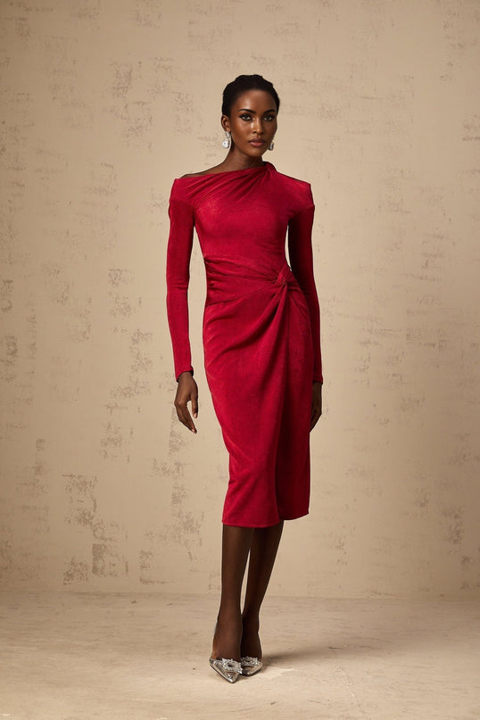 A red midi dress with a high slit and gathered fabric details named Monica