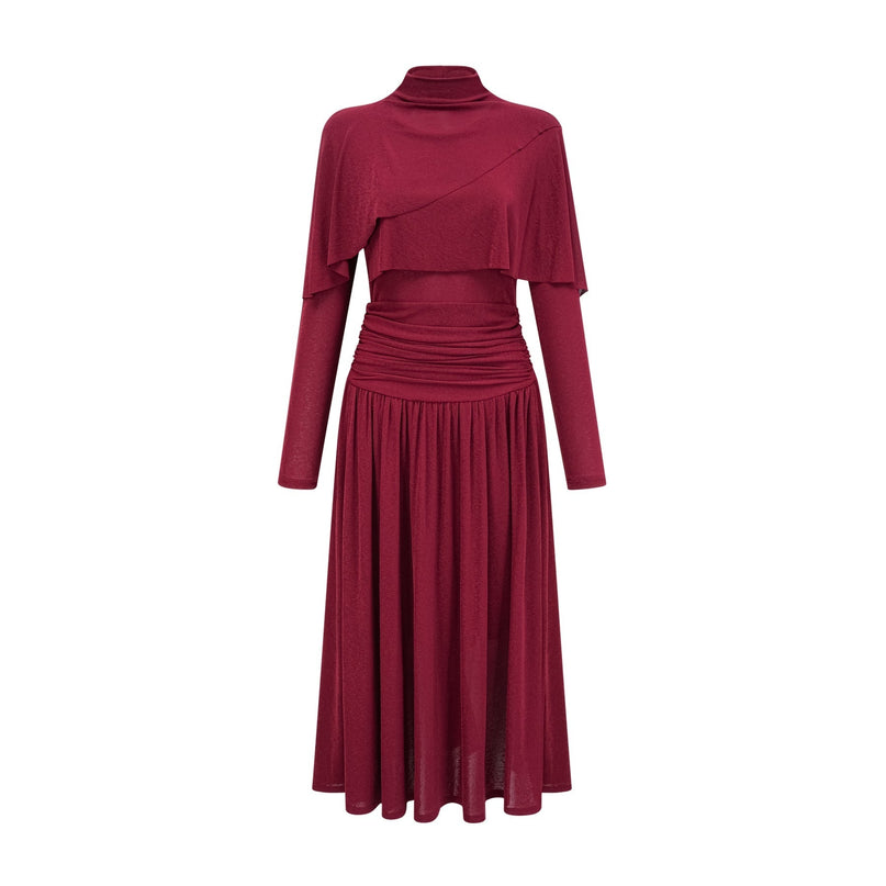 A red midi dress with ruched detailing and a flap design called Camille