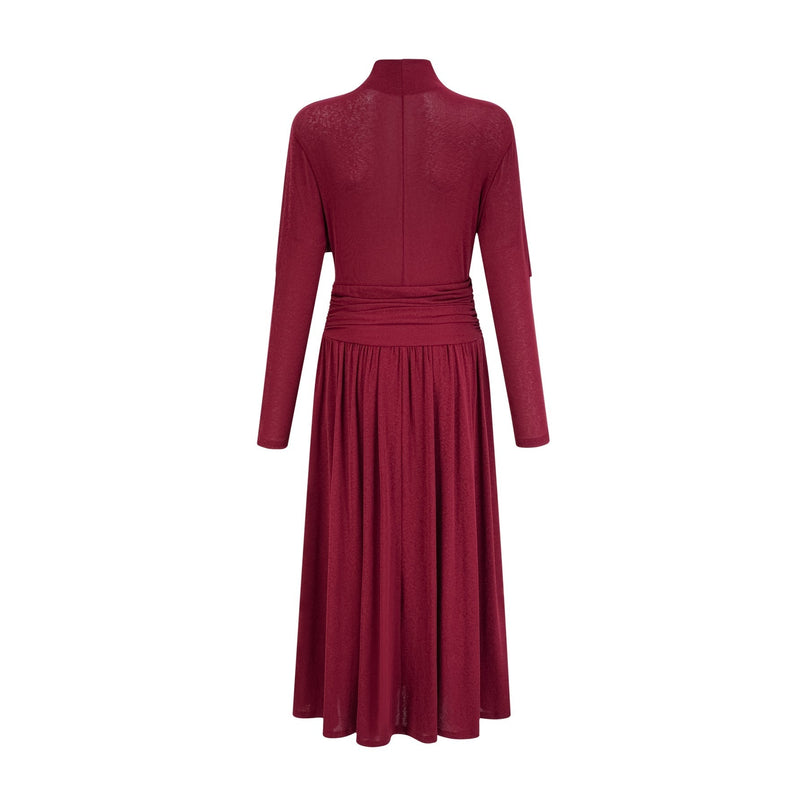 A red midi dress with ruched detailing and a flap design named Camille