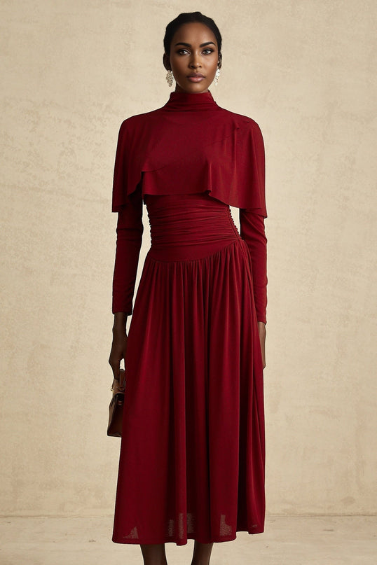 A red midi dress with ruched detailing and a flap design named Camille