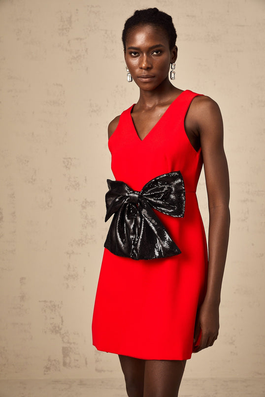 A red mini dress with a Vneckline featuring a sequin bow detail