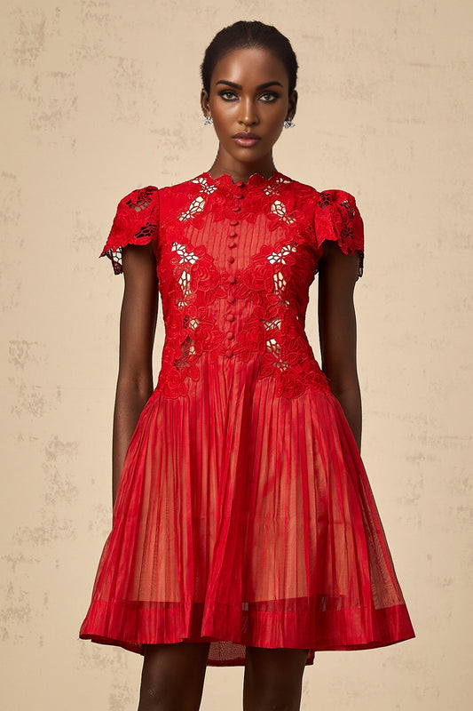 A red mini dress with pleated fabric and floral embroidery featuring a feminine silhouette and short length