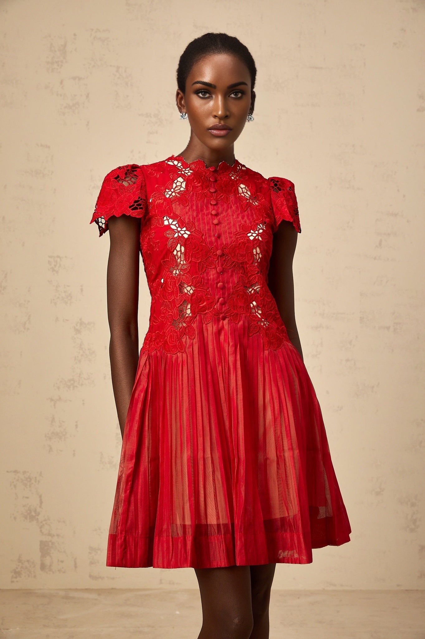 A red mini dress with pleated skirt featuring floral embroidery details named Corinne