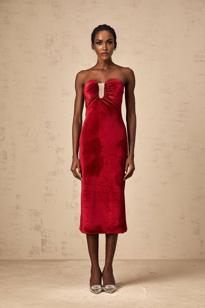 A red velvet midi dress with gathered details named Tiphaine
