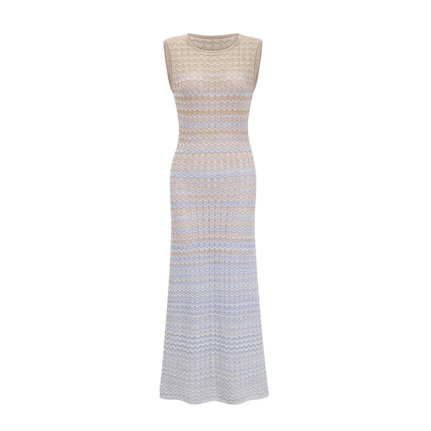 A ribbed knit midi dress with contrasting color details featuring a design by Pauline