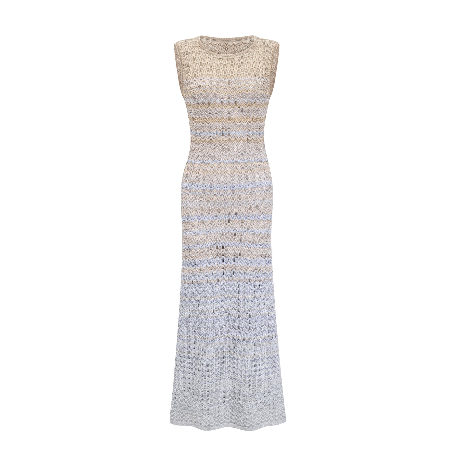 A ribbed knit midi dress with contrasting color details featuring a design by Pauline