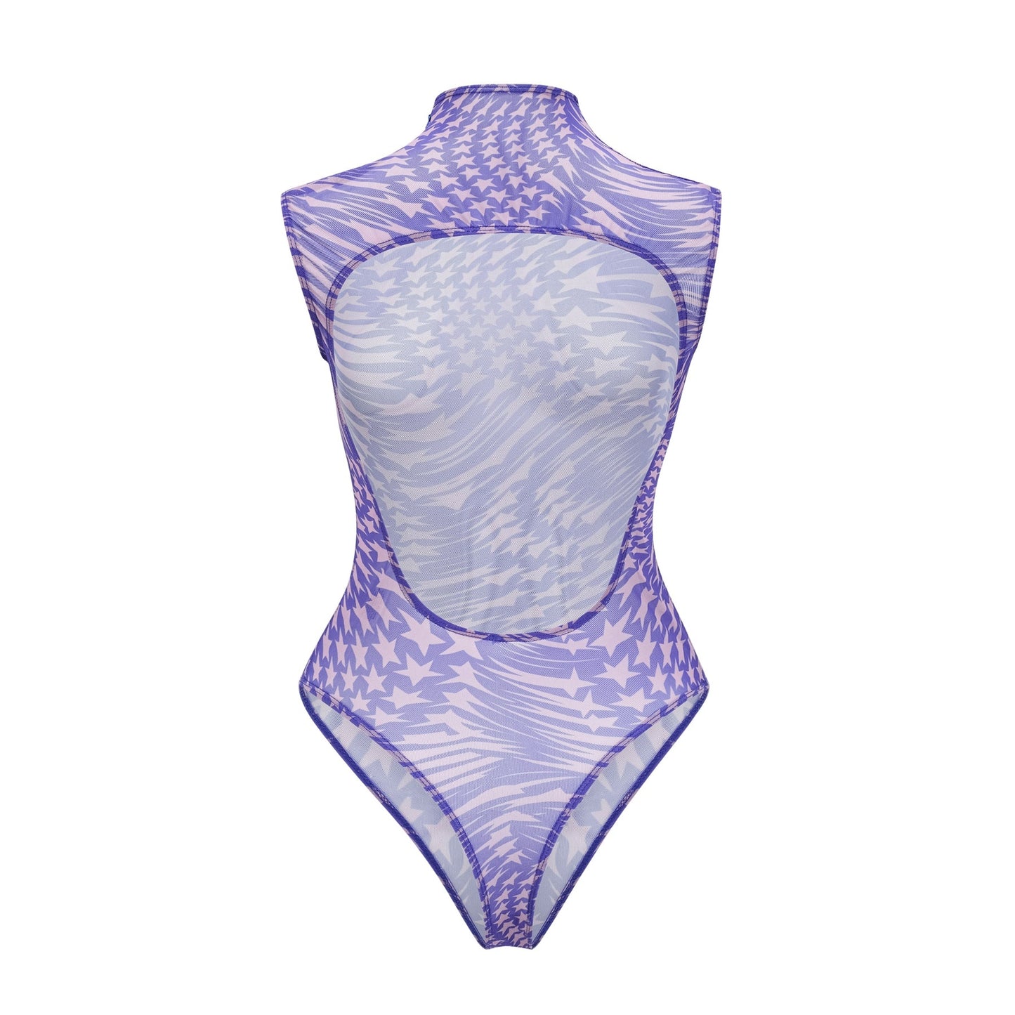 black bodysuit with sheer mesh fabric adorned with white star prints covering the entire garment