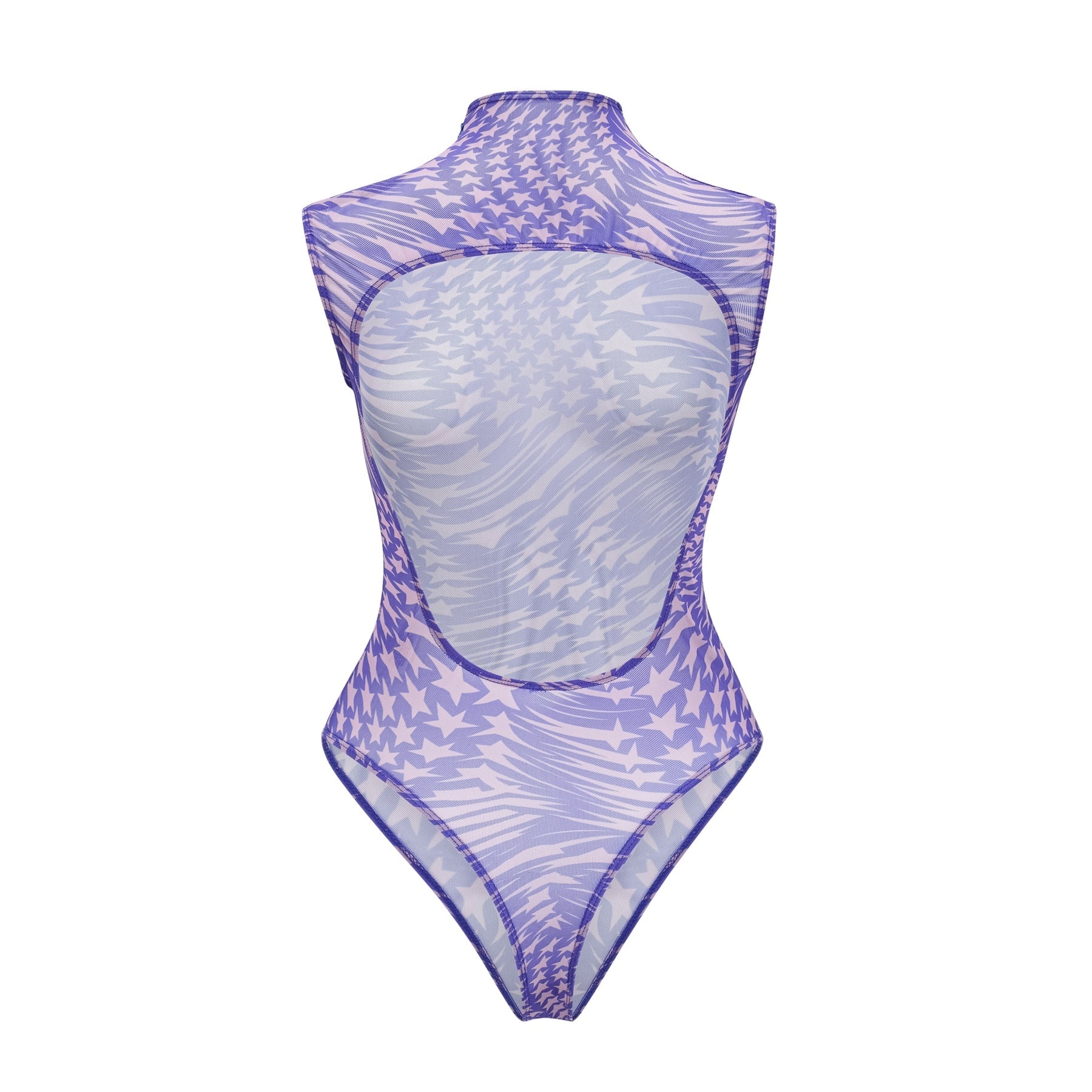 black bodysuit with sheer mesh fabric adorned with white star prints covering the entire garment