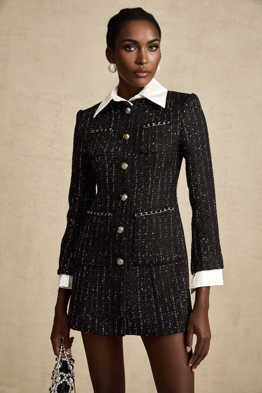 A short black dress featuring a combination of tweed fabric and sequin panels with a mini length silhouette and likely sleeveless design named Audrey