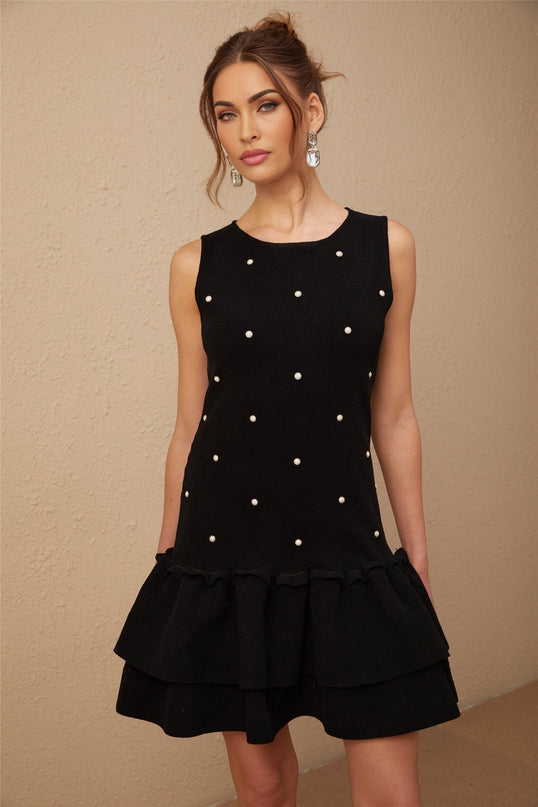 A short black knitted mini dress with bead embellishments named Blanche