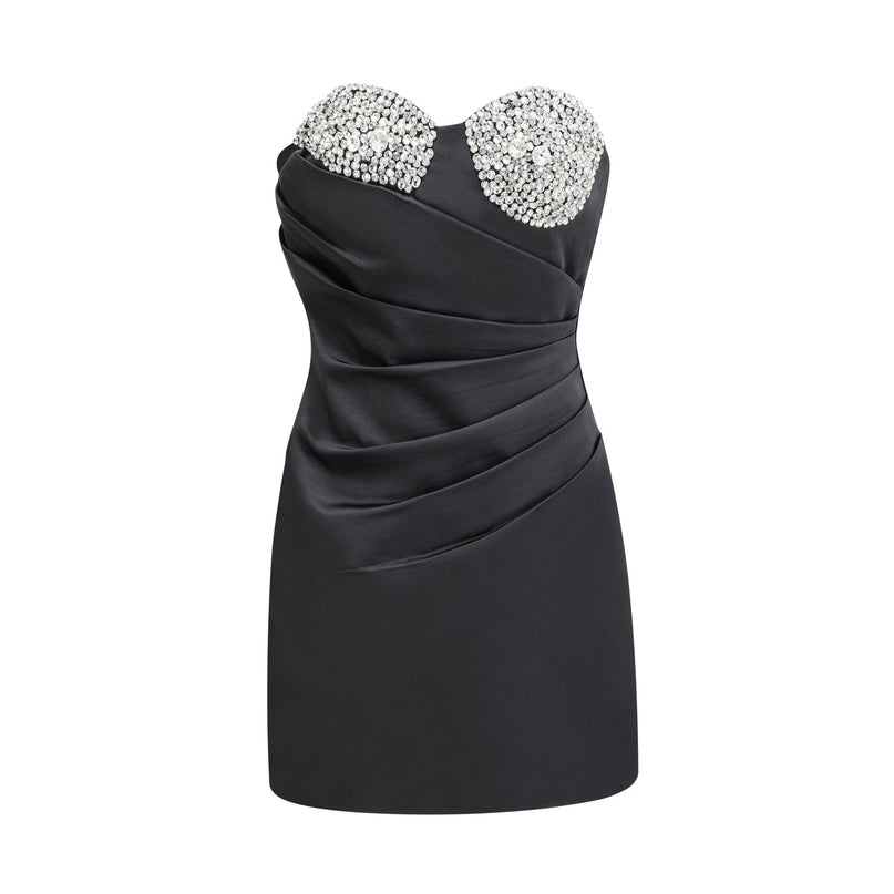 A short black mini dress adorned with crystal embellishments named Emmeline featuring a sleek and elegant design