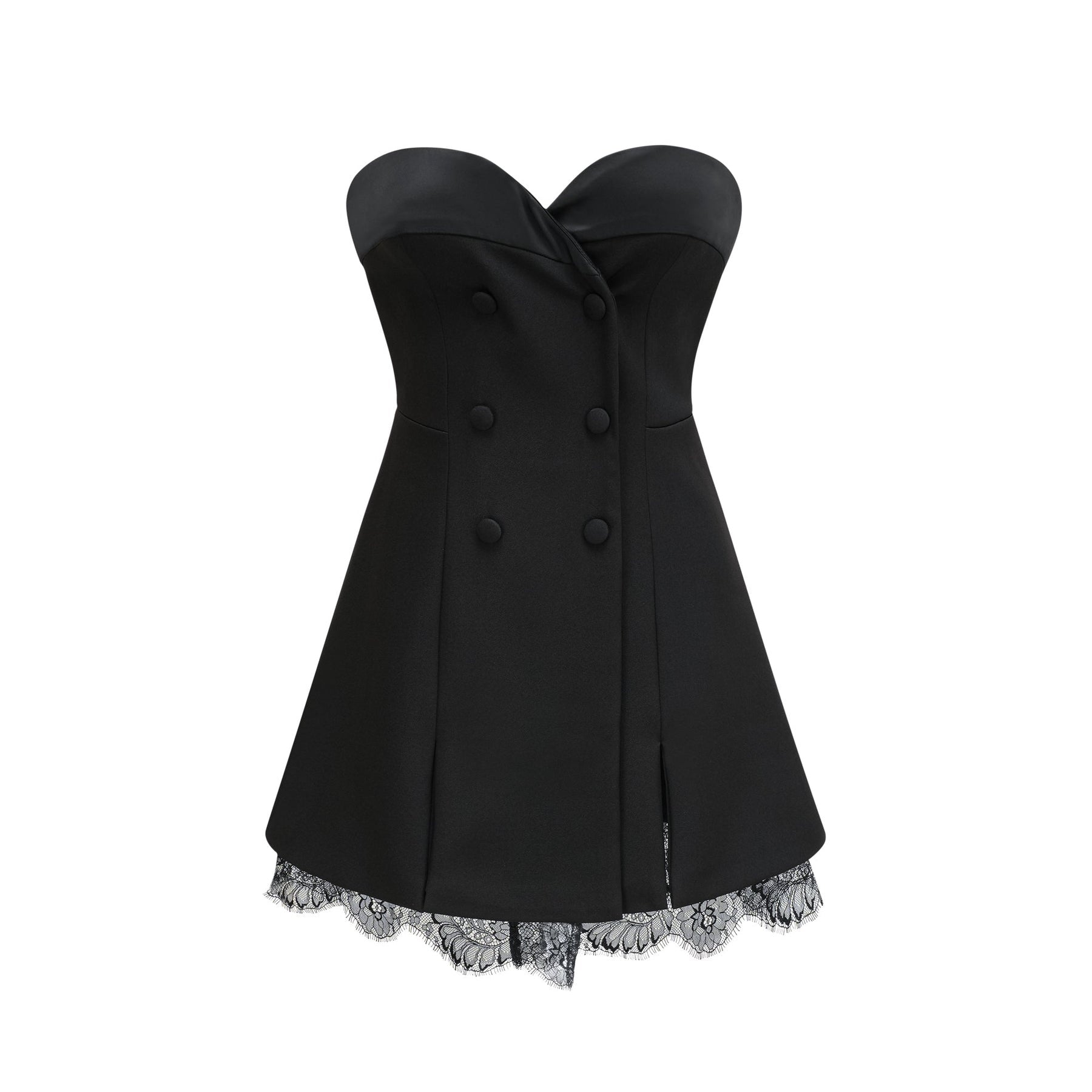 Black bustier dress with sleeveless design front doublebreasted buttons cinched waist lacedetail trim and rear zip fastening 100% Polyester