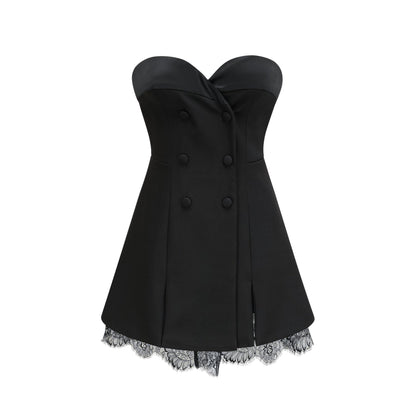 Black bustier dress with sleeveless design front doublebreasted buttons cinched waist lacedetail trim and rear zip fastening 100% Polyester