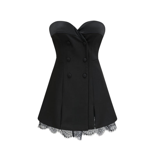 Black bustier dress with sleeveless design front doublebreasted buttons cinched waist lacedetail trim and rear zip fastening 100% Polyester