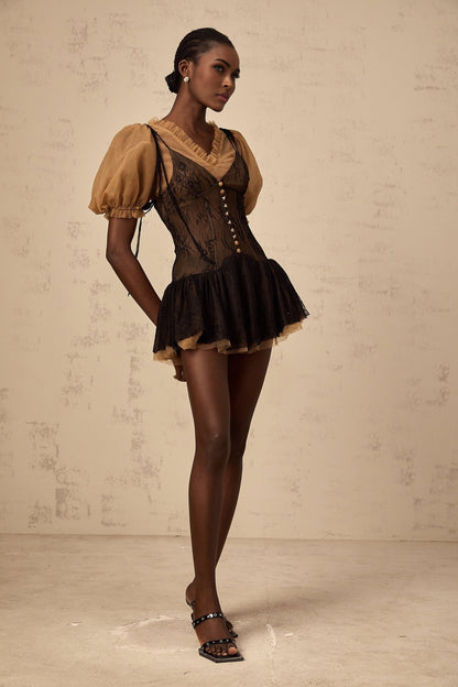 A short black mini dress with lace panels featuring a fitted silhouette and delicate feminine details
