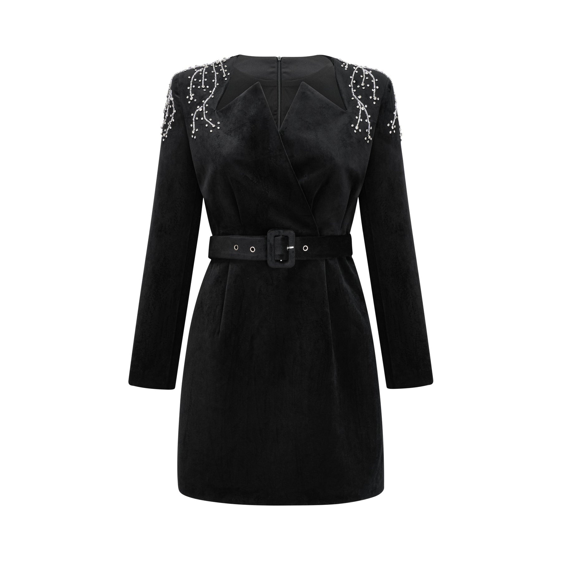 A short black velvet mini dress with crystal embellishments named Emilie