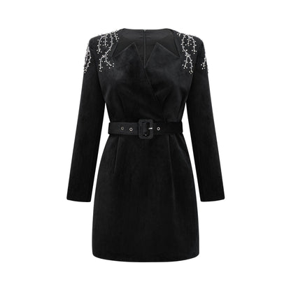 A short black velvet mini dress with crystal embellishments named Emilie