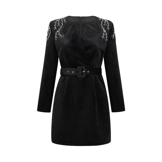 A short black velvet mini dress with crystal embellishments named Emilie