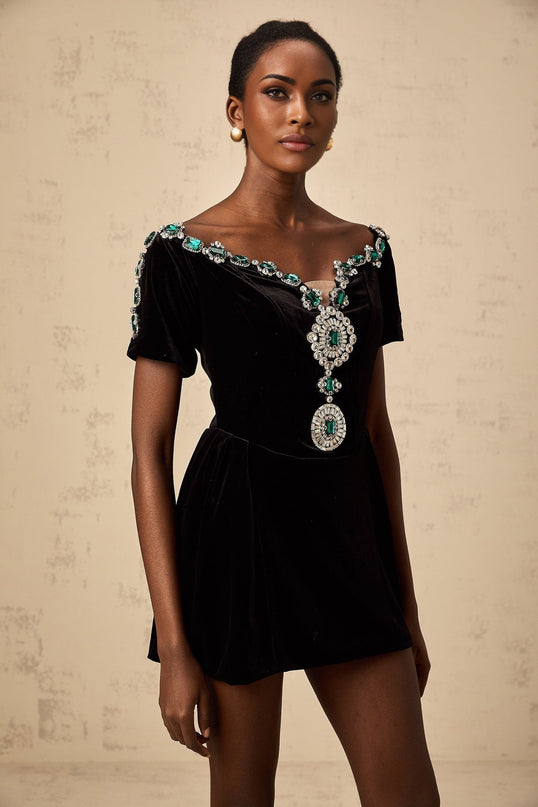 A short black velvet mini dress with embellishments named Camille