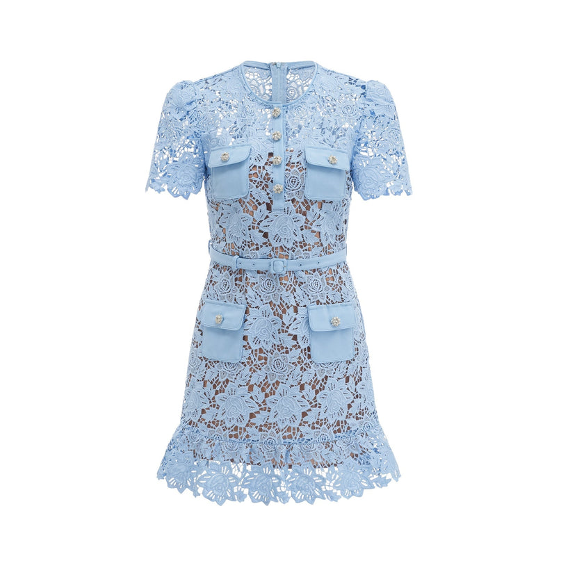 A short blue dress with ruffles and floral lace appliques on a white background